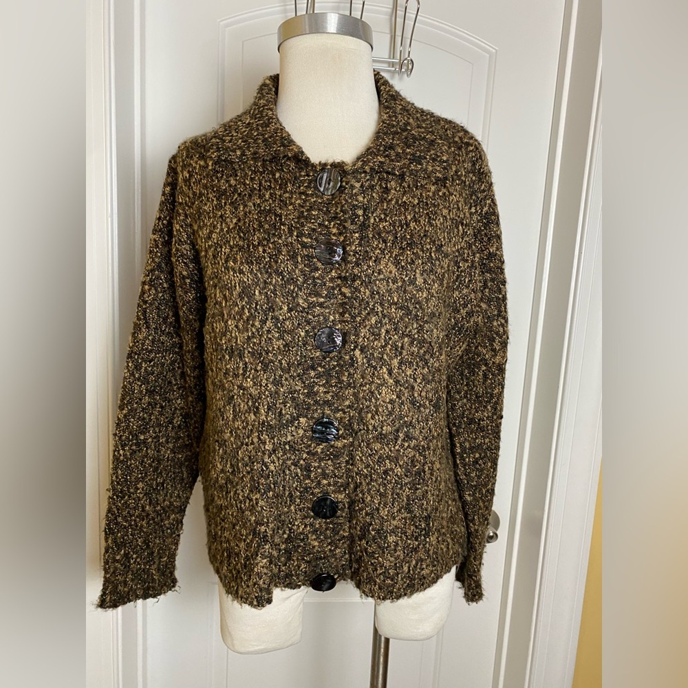 United Knitwear Brown Marbled Collared Big Button Cardigan Sweater Large